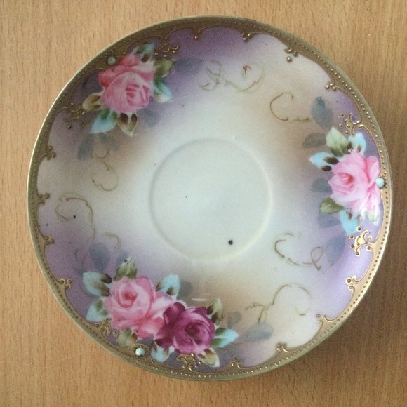 Vintage antique hand painted Nippon saucer plate pink rose flowers eggshell - Picture 1 of 4